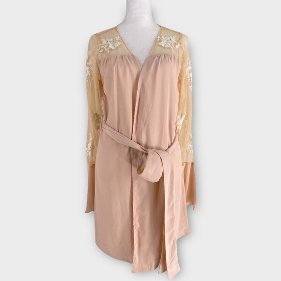 Robed with Love Hildy Robe Pink Floral Embroidered Sheer Illusion Bell Sleeves - Picture 6 of 14